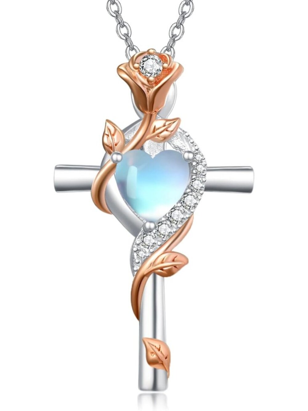 Elegant Rose Cross Necklace with Birthstone - 925 Sterling Silver Jewelry for